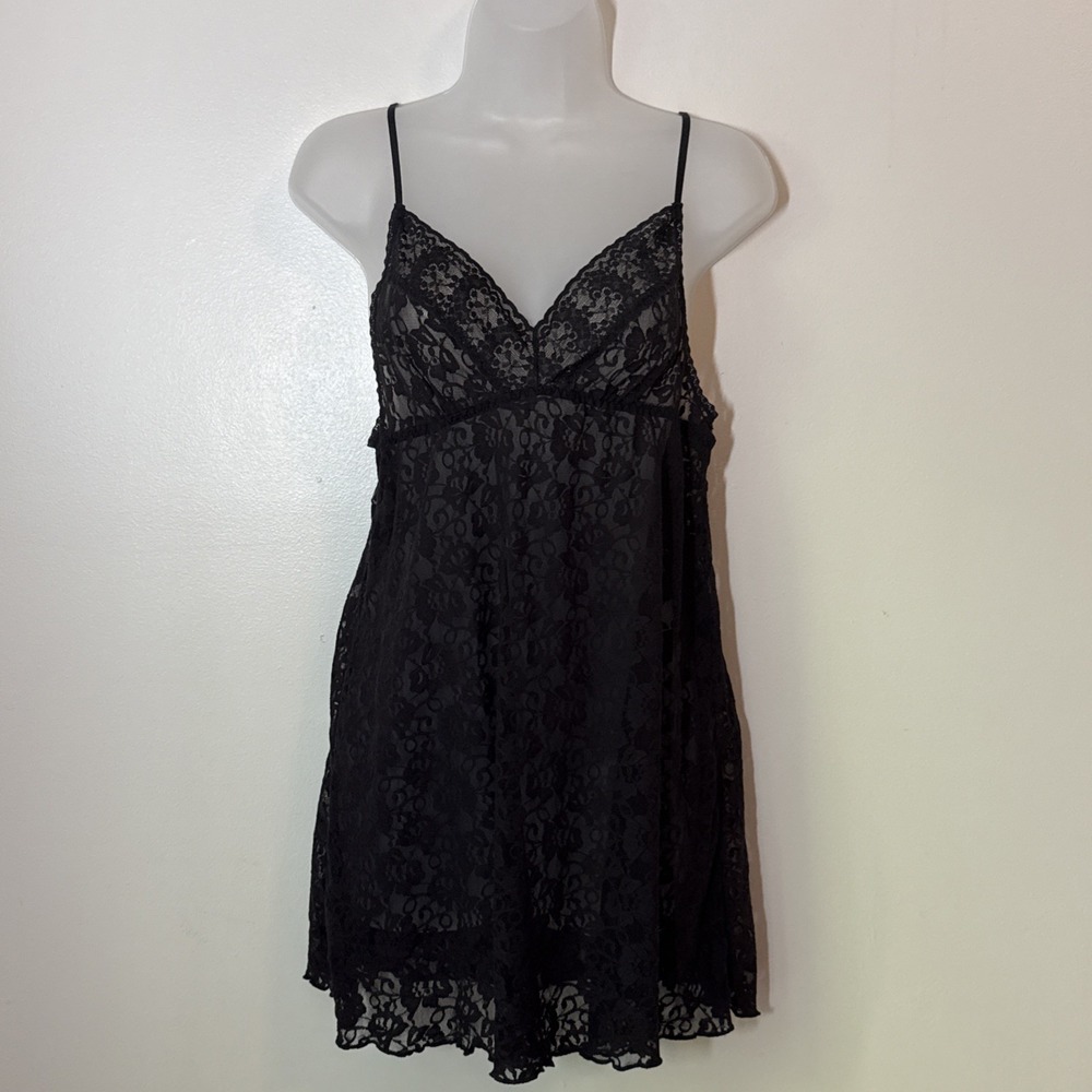 Vintage Black Lace Babydoll Slip Dress Size L Whimsigoth Dark Romantic Sheer